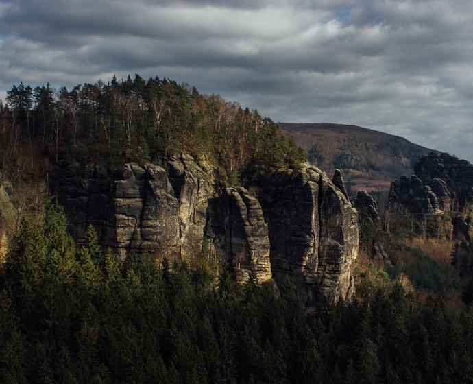 Bewaldete Felsen im Morgenlicht
