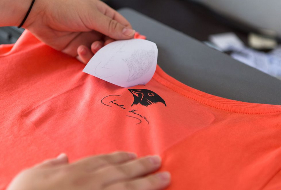 Darwin-Motiv mit Finken im Nacken eines T-Shirts