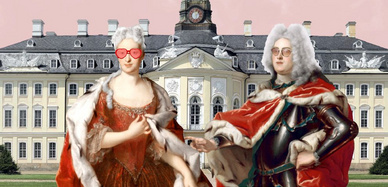 Zeichnung von Fürst und Gemahlin vor Schloss Hubertusburg