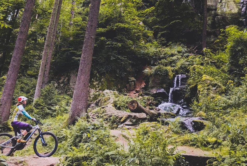 Fahrradfahrerin auf einem E-Bike im Wald